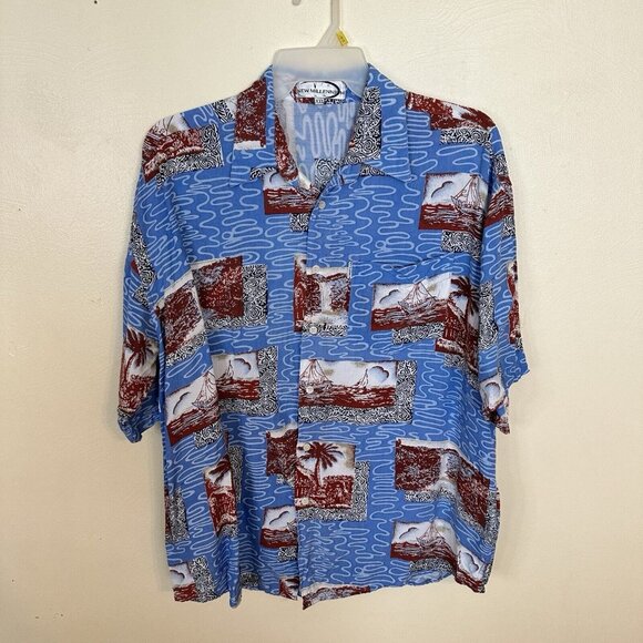 New Millennium Mens Hawaiian Shirt Short Sleeve 2X Blue Nautical Ships Rayon - Picture 1 of 10